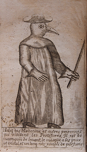 Gravure illustrant le costume d'un médecin de peste en 1721 avec son masque à bec et sa baguette