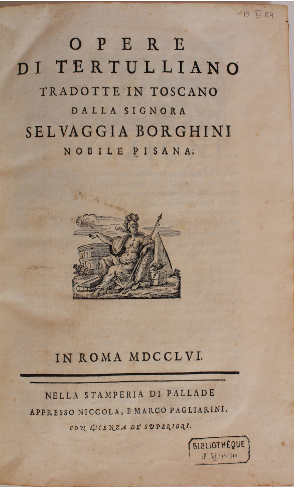 Page de titre du livre Opere di Tertulliano tradotte in toscano publié à Rome en 1756